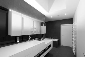 Von den Paschinger Architekten gestaltetes bzw. geplantes Badezimmer mit Doppel-Waschbecken, Badewanne und viel Platz