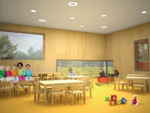 Innenansicht Kindergarten in Holzmassiv-Bauweise der ARGE kigago (Paschinger Architekten)