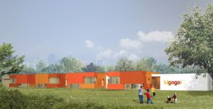 Außenansicht Kindergarten in Holzmassiv-Bauweise der ARGE kigago (Paschinger Architekten)
