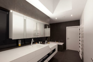 Von den Paschinger Architekten gestaltetes bzw. geplantes Badezimmer mit Doppel-Waschbecken, Badewanne und viel Platz