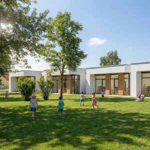 Voransicht / Rendering eins geplanten Kindergartens mit spielenden Kindern